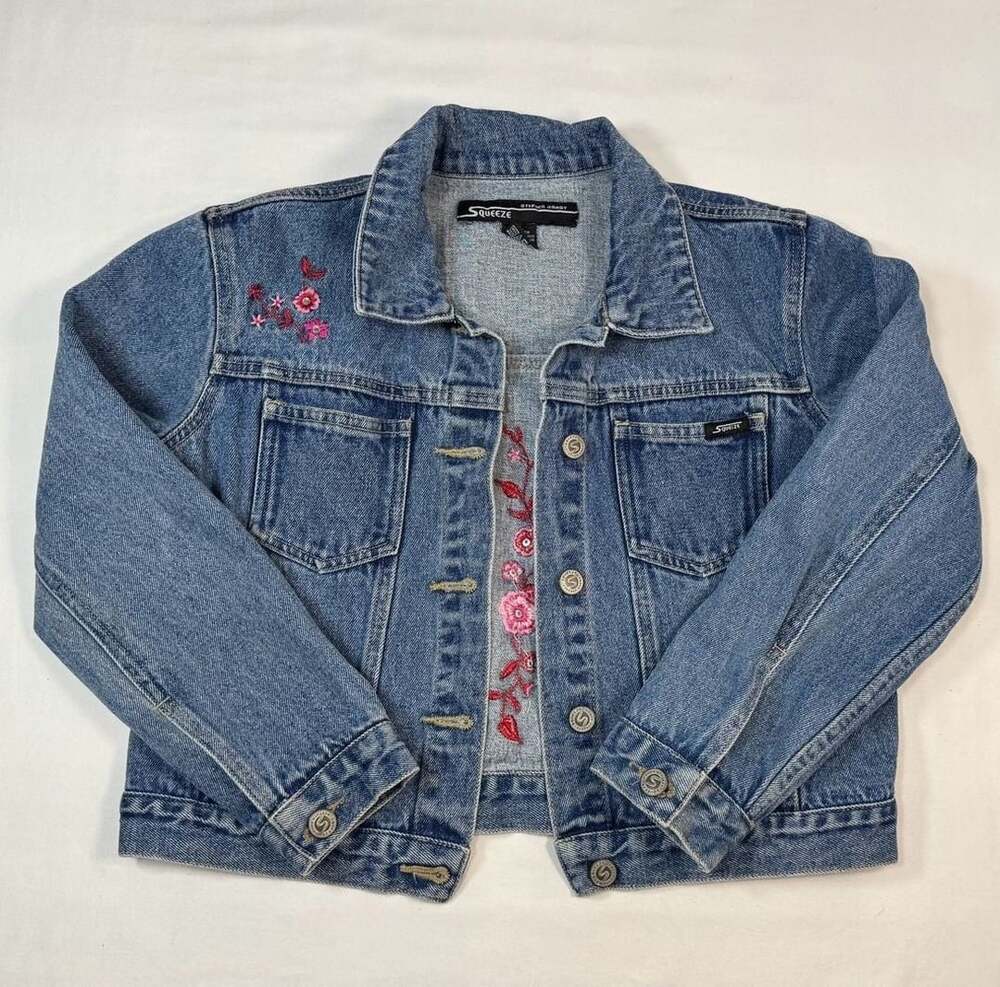 Kids Y2K retro Squeeze Stephen Hardy Denim Jacket Size Xl Floral Embroidered